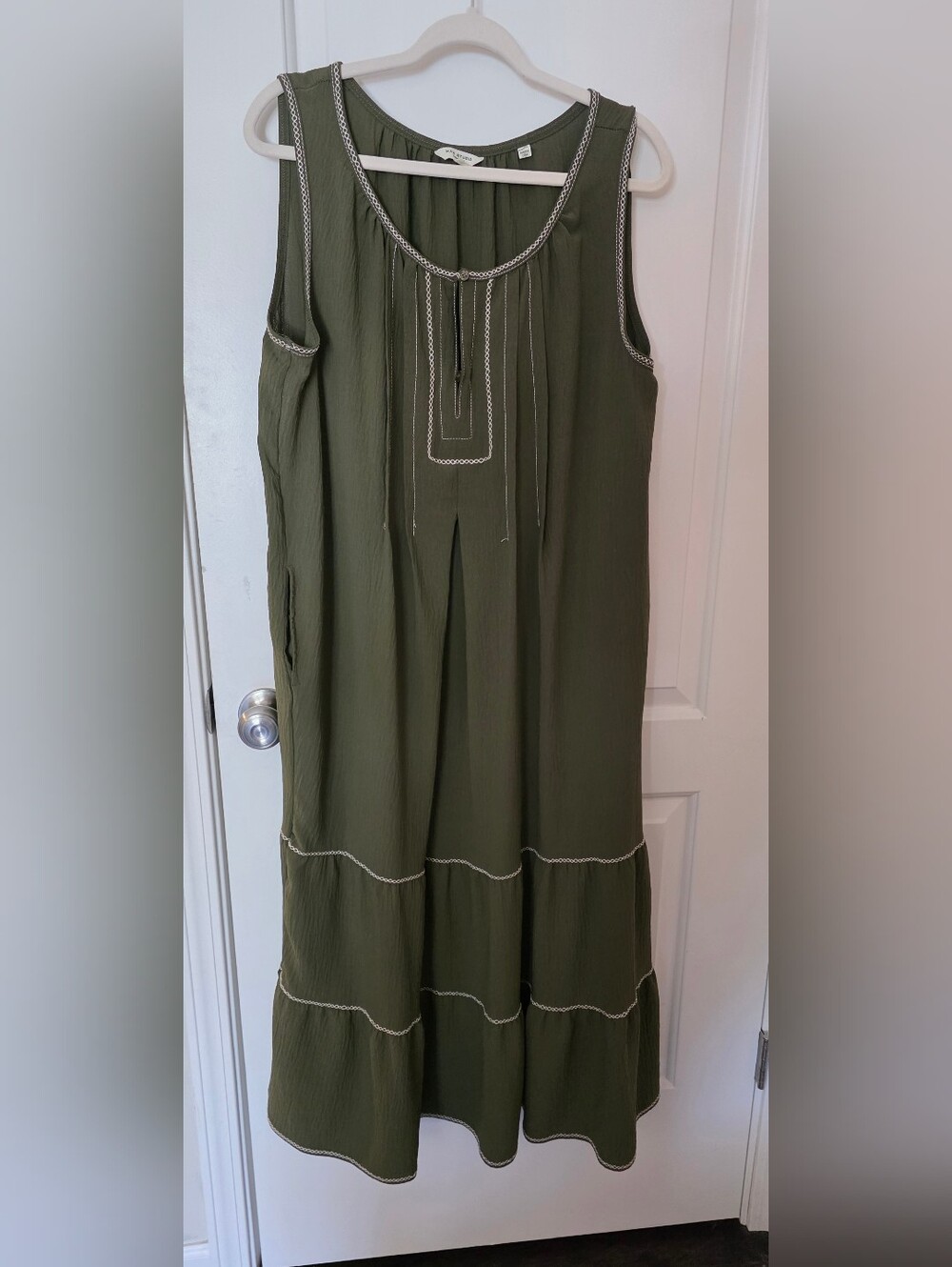 Max Studio Olive Tiered Maxi Dress with Contrast Trim